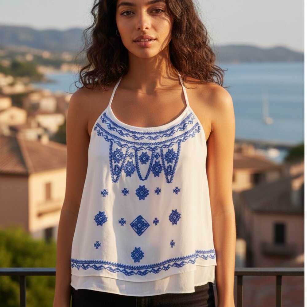 BUCKLE EN CREME Embroidered Tank Top M Delft Amsterdam White Blue Chiffon Boho